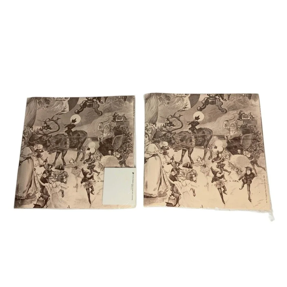 2 Packs VTG Sepia Tone Christmas Wrapping Paper Santa Elves 20x28 W/ Gift Tags